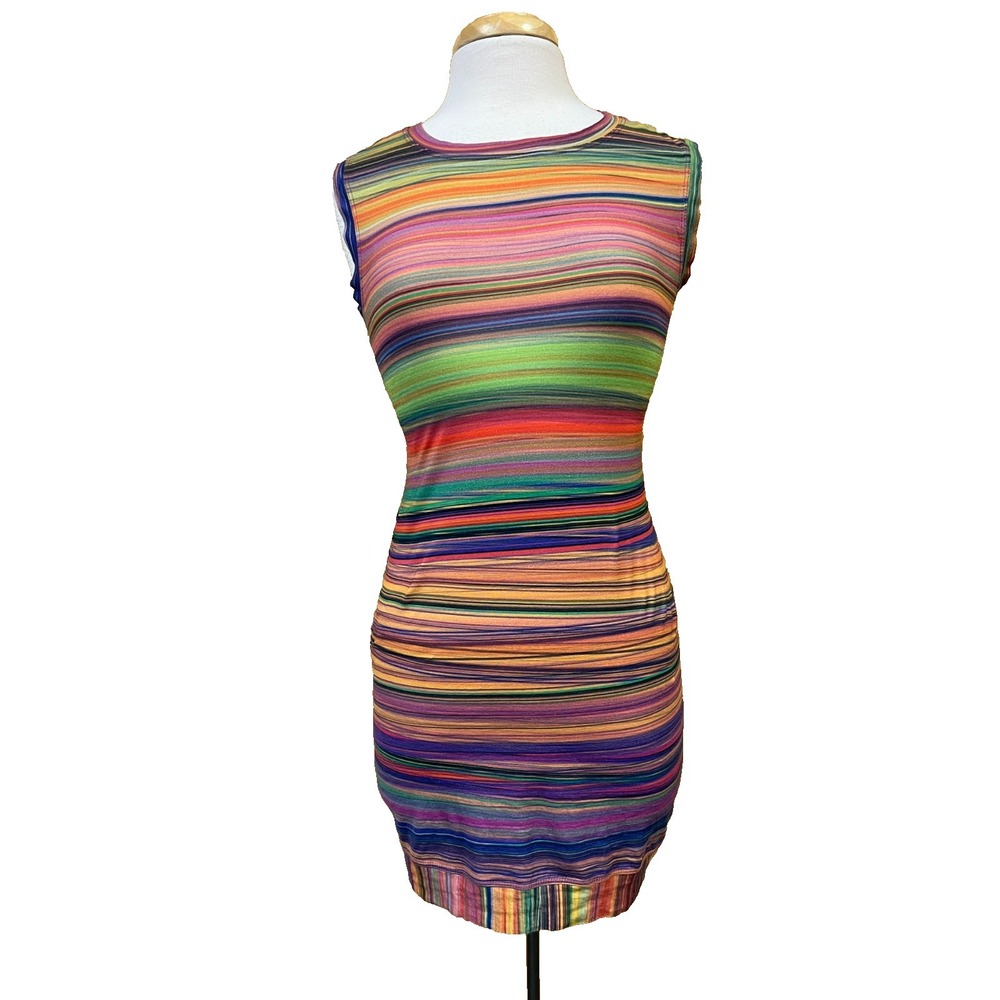 Trina Turk Rainbow Mini Tee Dress Scoop Neck Sleeveless Casual Cotton SZ S - Picture 2 of 13